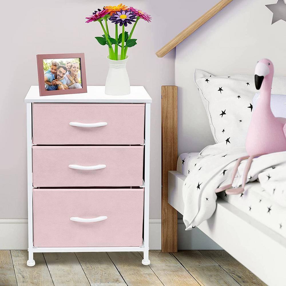 Sorbus Nightstand with 3 Drawers - Furniture Storage for Bedroom, Closet, Office Organization - Steel Frame, Wood Top, Pastel Fabric Bin (Pink)