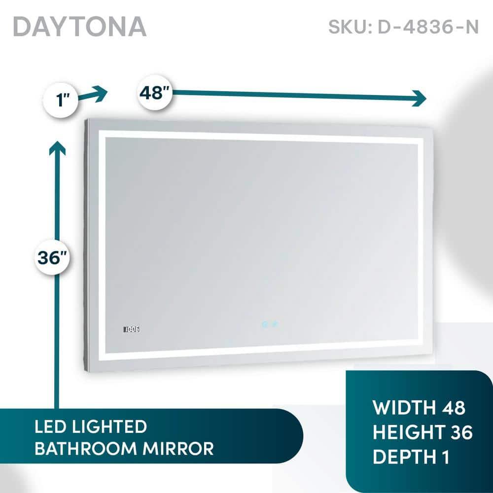 AQUADOM Daytona LED Wall-Mount Mirror for Bathroom with 3 Color Lighting, Touch Control, Dimmer and Defogger, Digital Clock