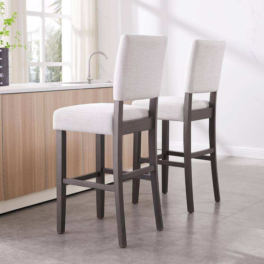 Leick Home 10087-BBHG Upholstered Back Bar Height Stool with Wood Base, Set of 2, for Elevated Kitchen Counters, High Top Tables, and Bars, Blackbean and Heather Gray