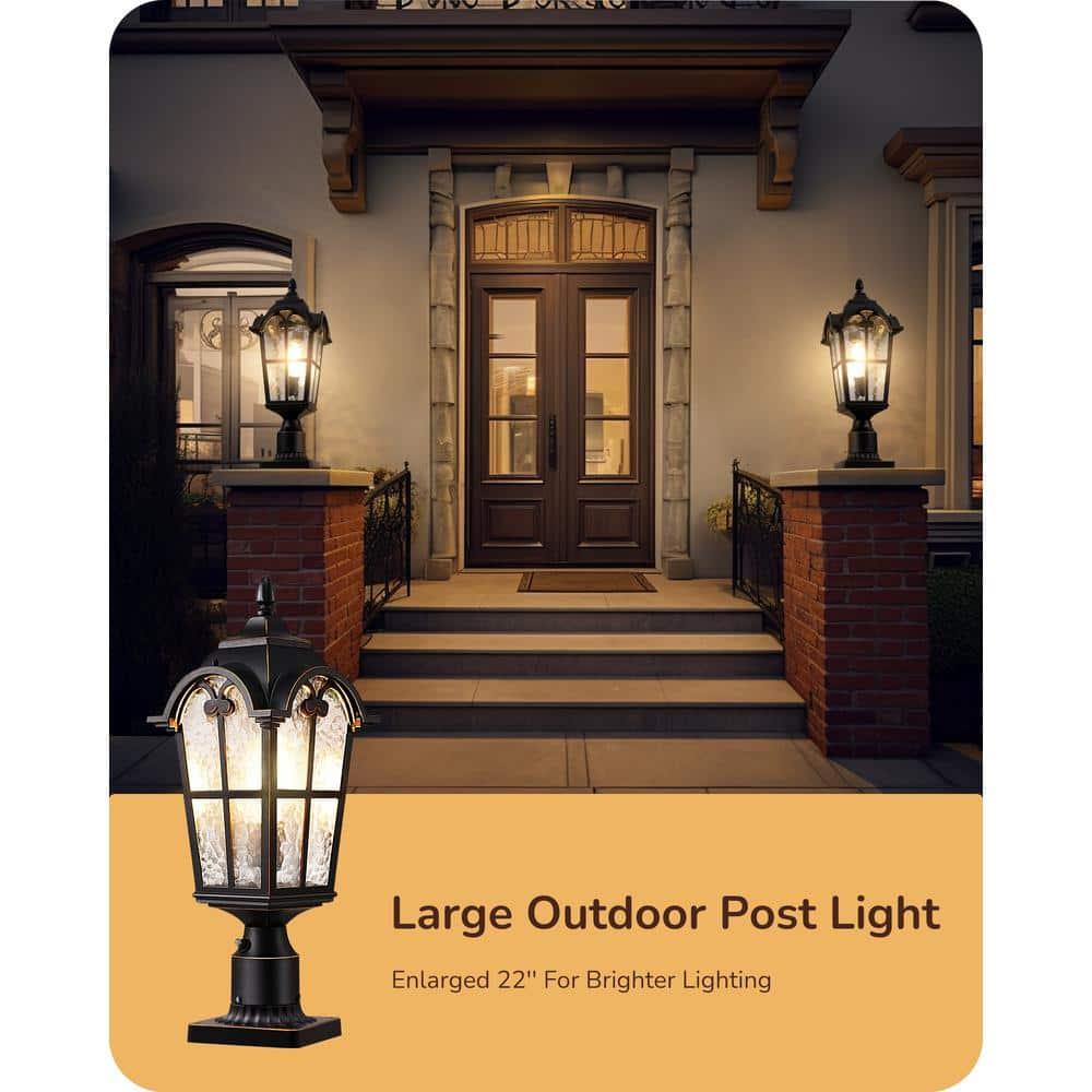 EDISHINE Large Size Dusk to Dawn Outdoor Post Light, 21.9'' H Pole Light Fixture with Pier Mount Base, Waterproof Exterior Lamp Post Lantern Head for Yard, Driveway, Fence, Black