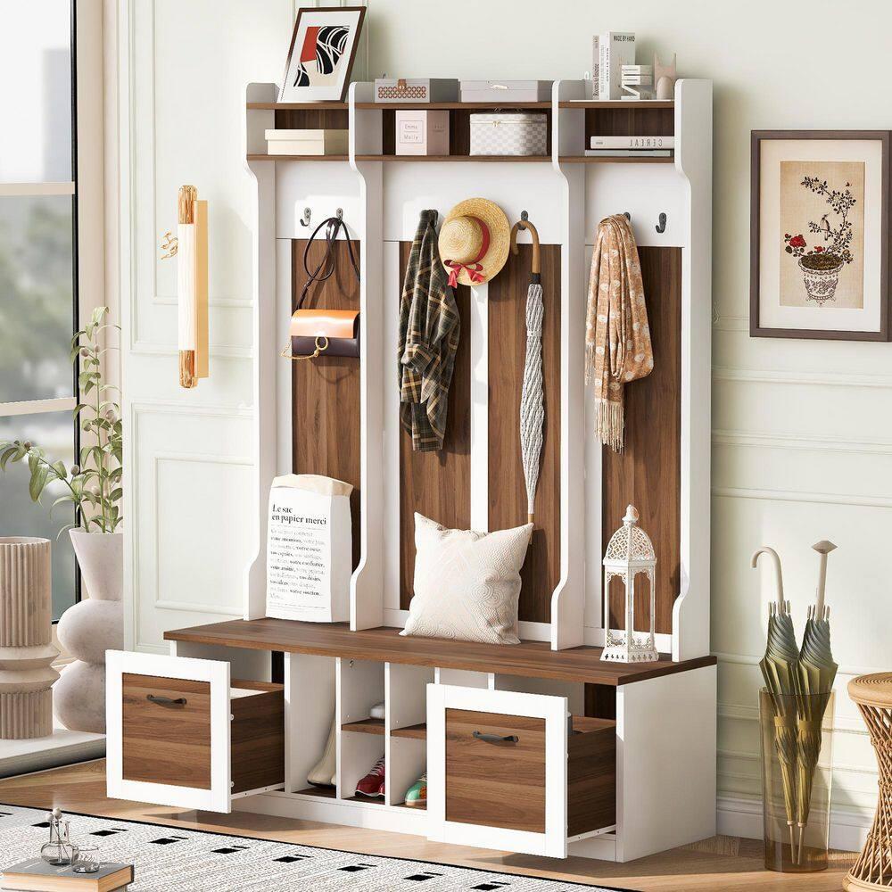 3 in 1 Hall Tree Coat Hanger Entryway Bench with 6 Hooks & Adjustable Shelves, Solid Wood Hallway Organizer with Storage Compartment for Hallway Living Room Mudroom, Brown