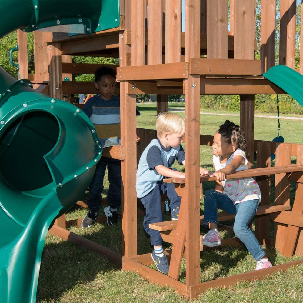 Swing-N-Slide Tellico Terrace Wooden Backyard Swing Set with Tube Slide, Wave Slide, Climbing Wall, and Swings