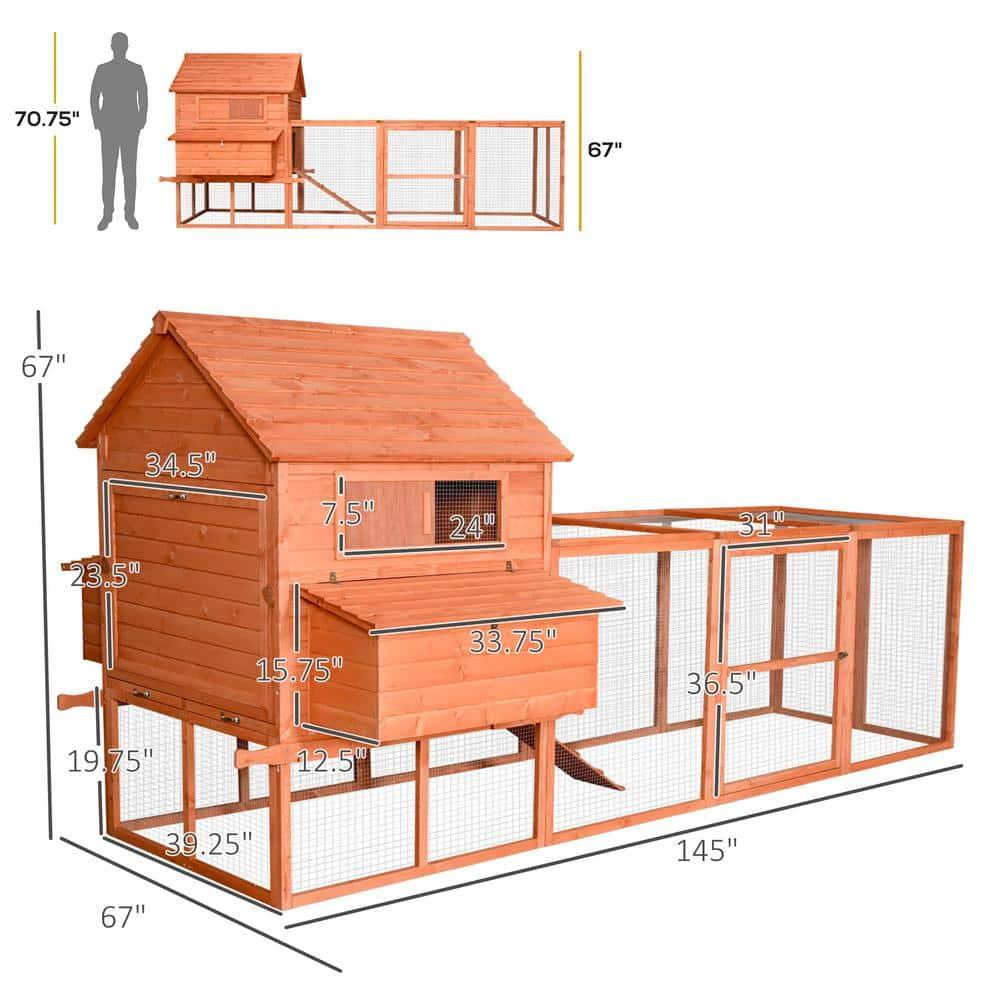 PawHut 145" Chicken Coop Large Chicken House Rabbit Hutch Wooden Poultry Cage Pen Garden & Backyard with Run & Inner Hen House Space
