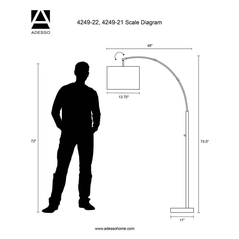73.5" Bowery Arc Lamp Antique Brass - Adesso: White Marble Base, Off-White Shade, ETL Listed