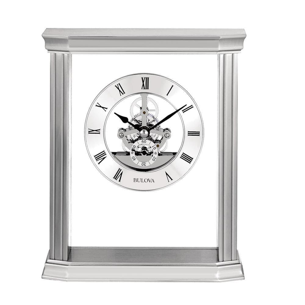 Bulova Roman Numeral Stainless Steel Quartz Movement / Crystal Tabletop Clock with Alarm in Silver