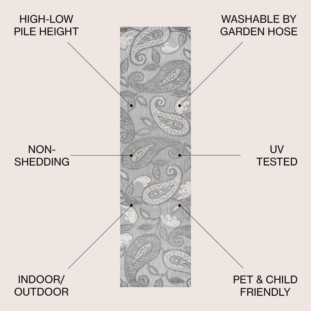 2'x10' Julien Paisley High-Low Indoor/Outdoor Area Rug, Light Gray - JONATHAN Y