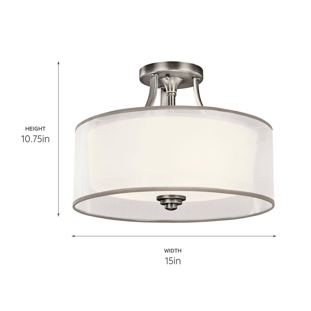 Lacey 15" 3 Light Semi Flush with Satin Etched Cased Opal Inner Diffusers and White Translucent Organza Outer Shade in Antique Pewter