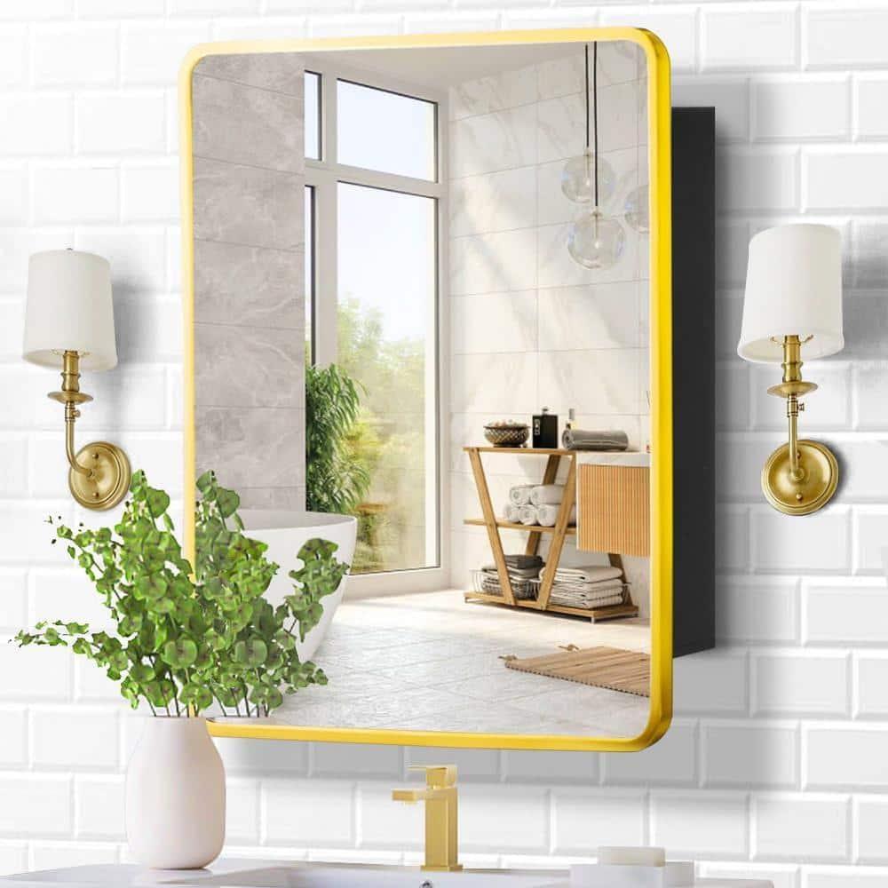 Movo Mirror Medicine Cabinet 20 Inch x 28 Inch Gold Metal Framed Bathroom Medicine Cabinet with Mirror Rectangle Recess or Surface Mount Installation