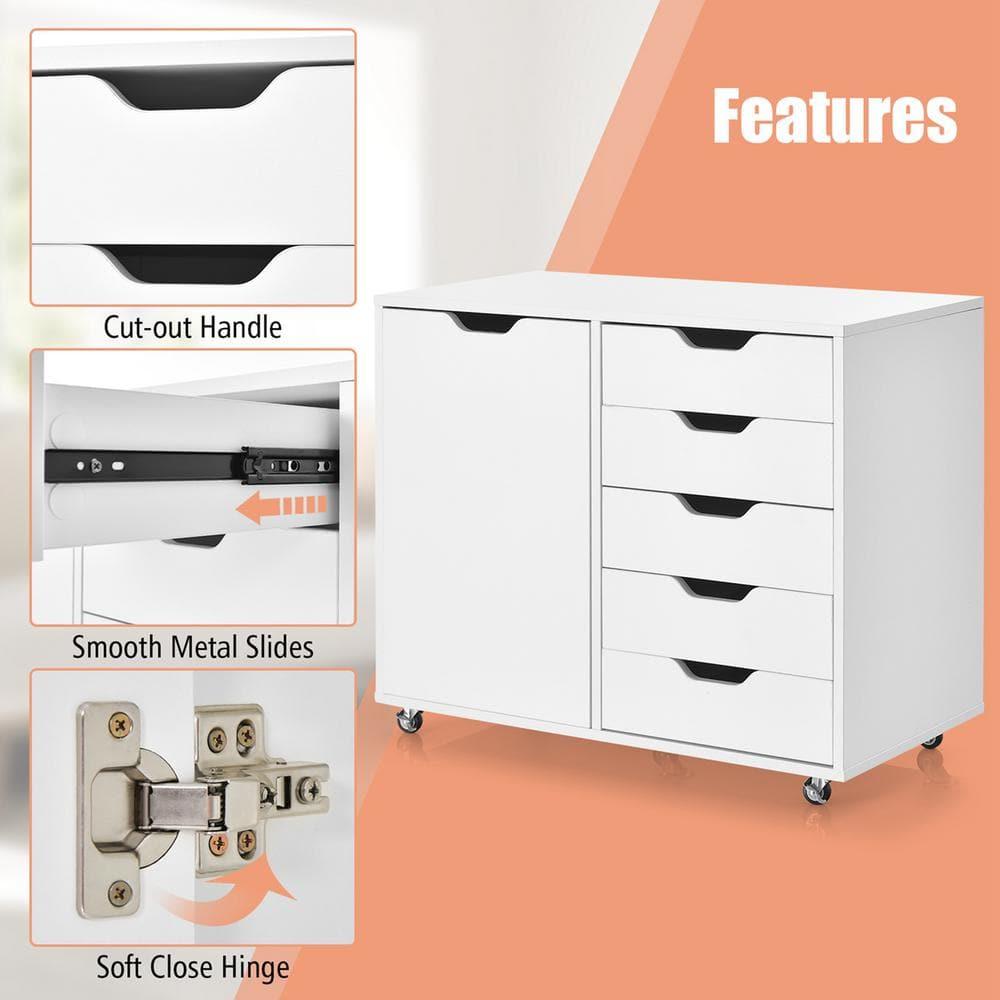 5-Drawer Chest with 1 Door, Wooden Chest of Drawers Storage Dresser Cabinet with Wheels, Office Organization and Storage, Bedroom Furniture (White-S)