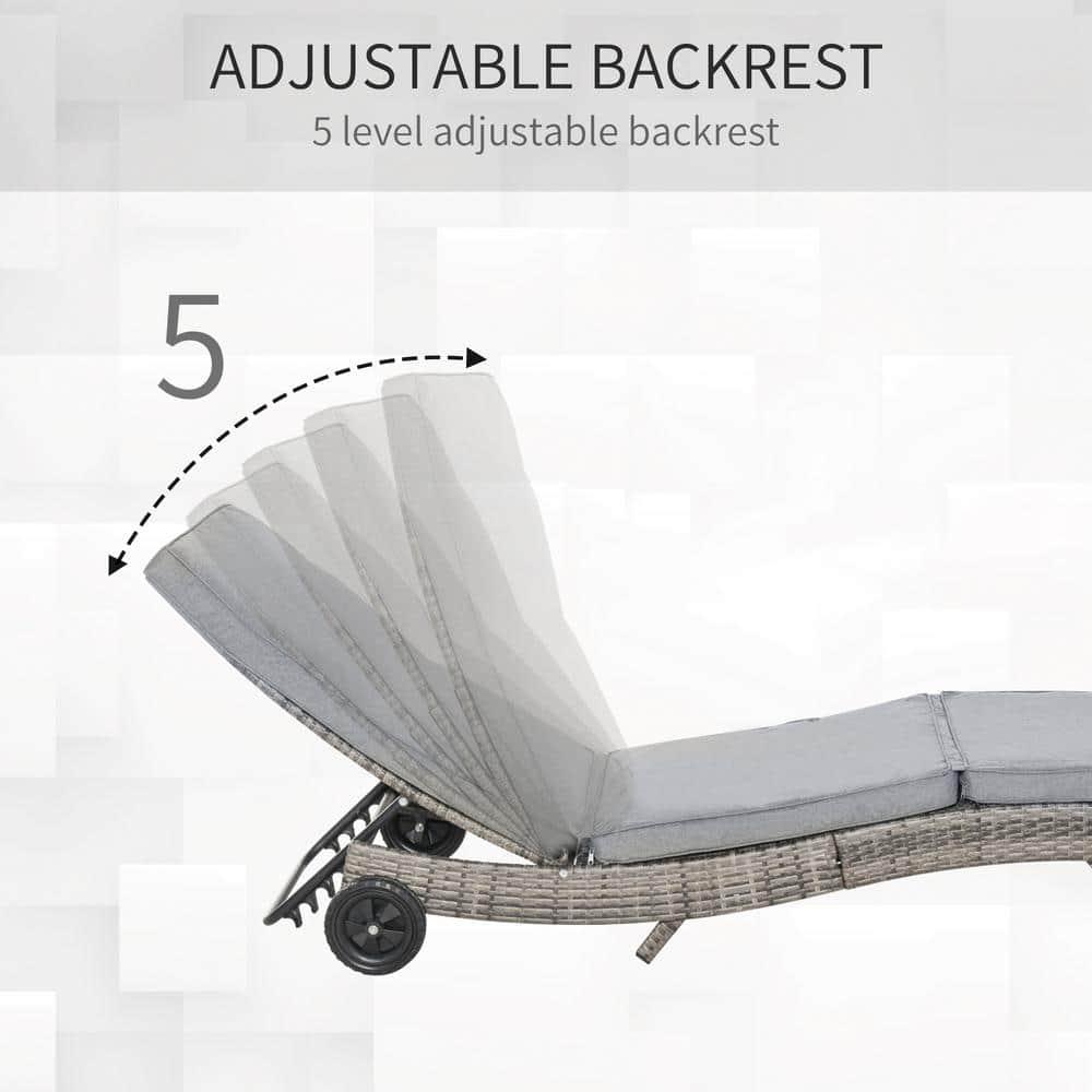Outsunny Patio Wicker Chaise Lounge Chair, Outdoor PE Rattan Sun lounger w/ 5-Level Adjustable Backrest & 2 Wheels for Easy Movement, Mixed Gray