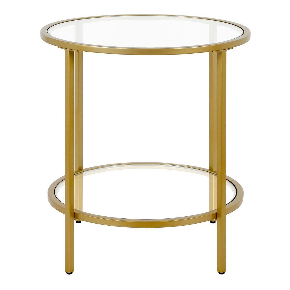 Evelyn&Zoe Sivil 20" Wide Round Side Table with Glass Shelf, Brass