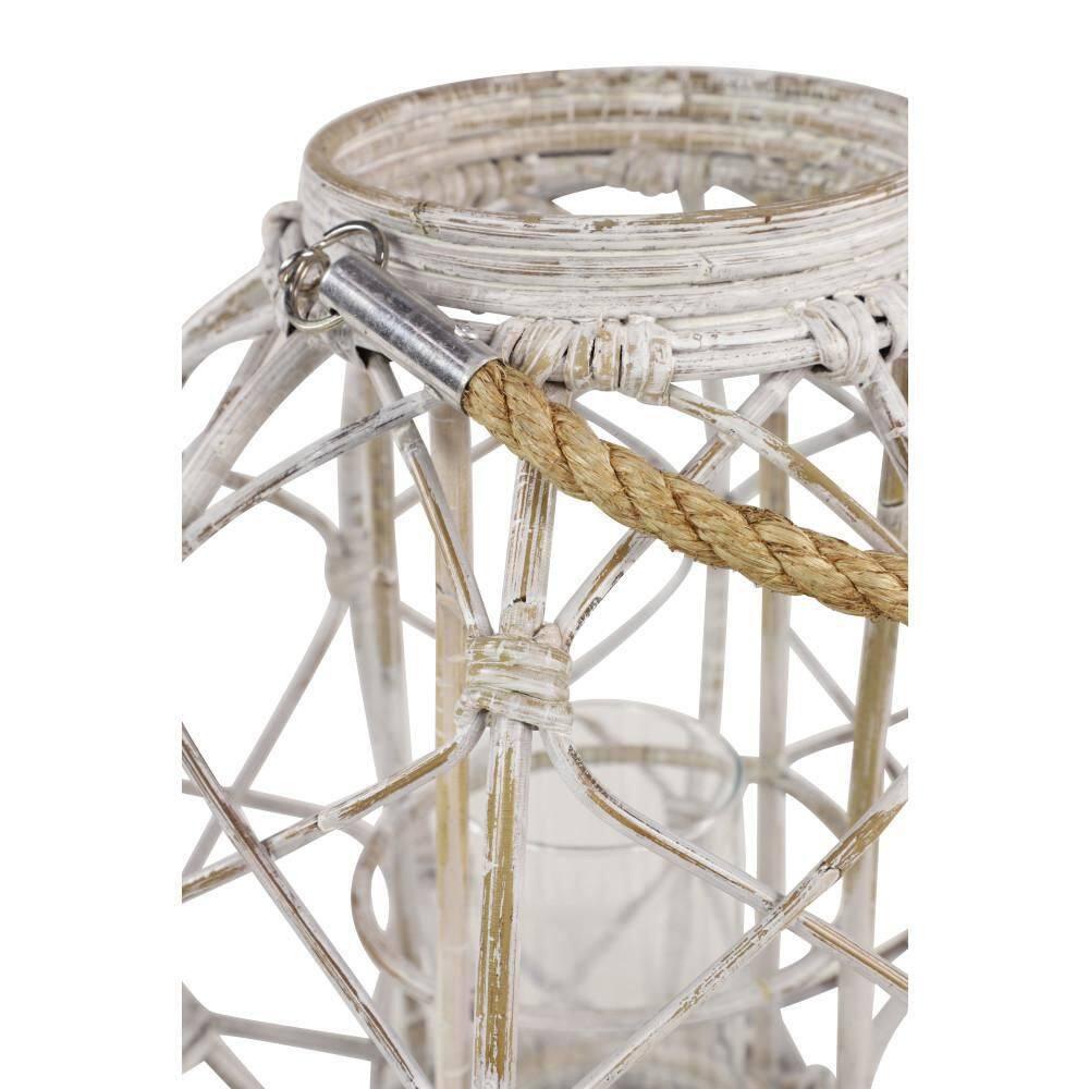 Decmode Large Round Woven Rattan White Lantern with Burlap Jute Rope Handle and Glass Insert, 15” x 15”