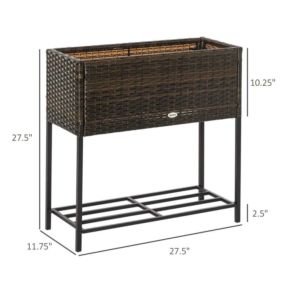 Outsunny Outdoor Flower Stand with legs, Rattan Wicker Look, Tool Storage Shelf, Portable Design for Herbs, Vegetables, Flowers, Brown