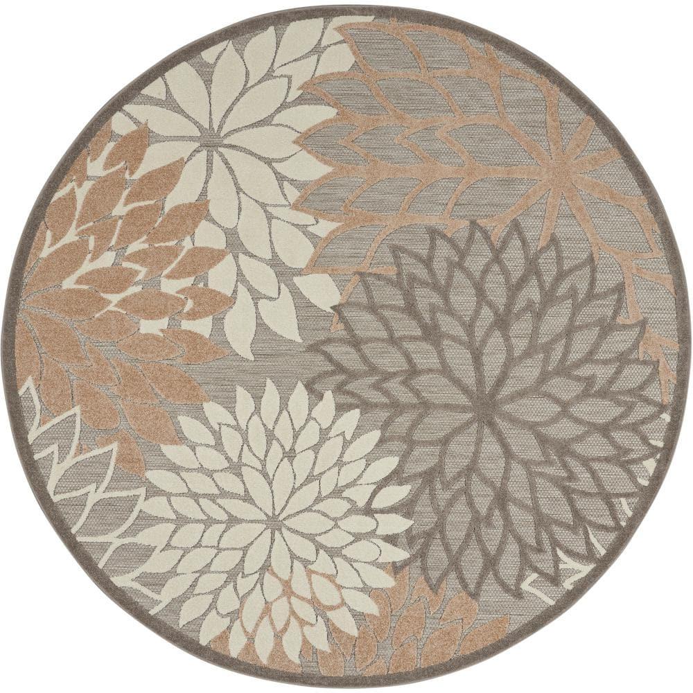 Nourison Aloha Floral Bloom Flatweave High-Low Indoor Outdoor Round Rug Natural 5'3" x 5'3"