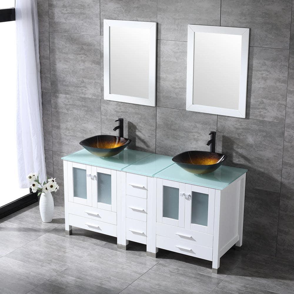 60" White Bathroom Vanity Cabinet Optional Double Sink Tempered Glass Top Mirror