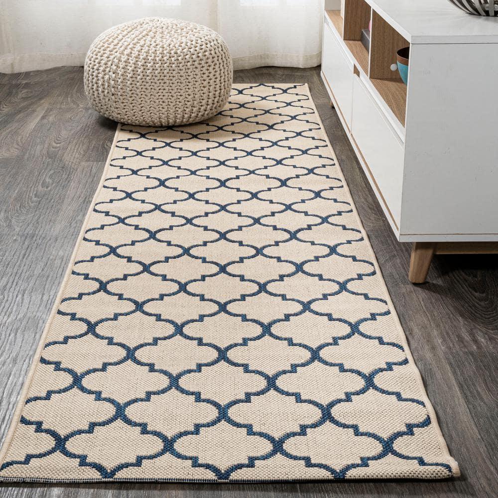 Arabesque Ogee Trellis Beige/Navy 2 ft. x 8 ft. Indoor/Outdoor Runner Rug