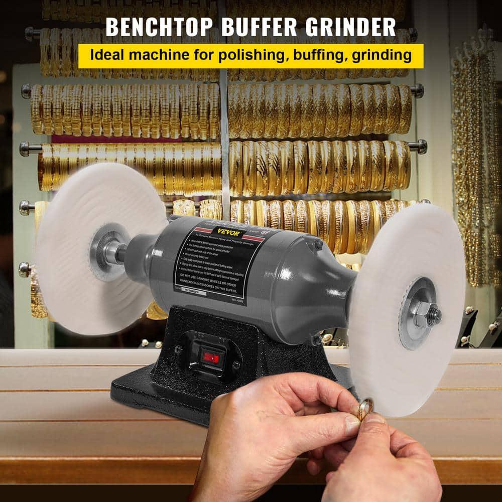 VEVOR Bench Buffer Polisher, 1/2HP Polishing Buffing Machine, 0 to 8000RPM Benchtop Polisher Grinder with 4" Cloth Wheel, 3" Grinding Wheel & 3" Fiber Wheel for Metal, Jewelry, Wood and Plastic
