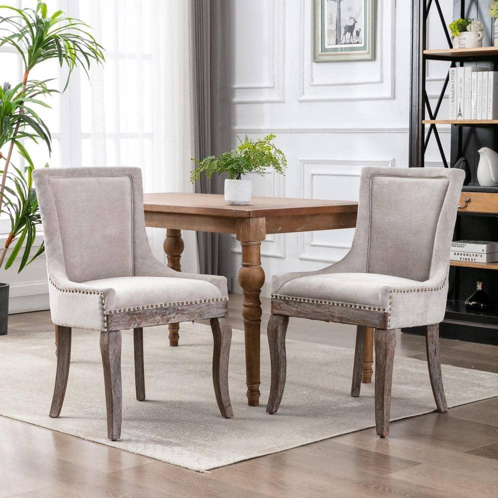 Rhomtree Transitional Rubber Wood Tufted Cushion Dining Side Chairs, Beige (Set of 2)