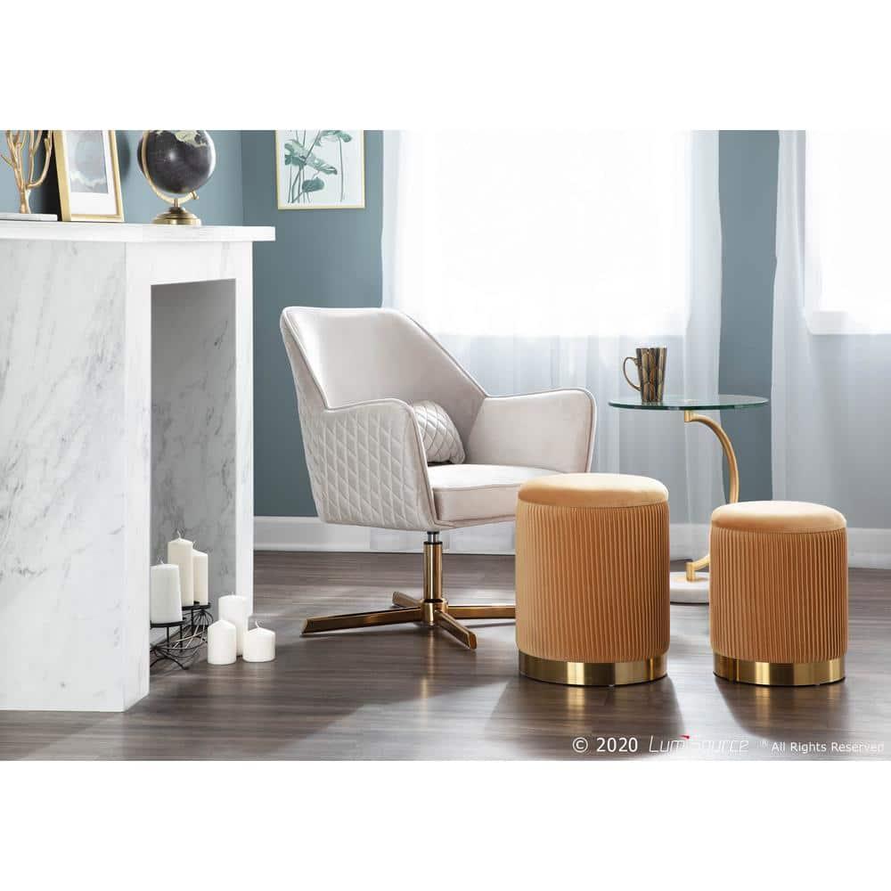 Marla Contemporary Nesting Pleated Ottoman Set Gold/Orange Velvet - LumiSource: Chic Design, Space-Saving, Metal Base