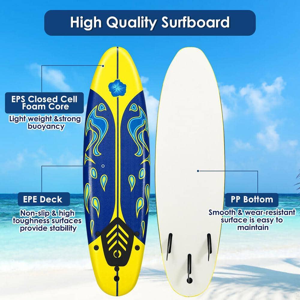 Costway 6' Surfboard Foamie Body Surfing Board W/3  Fins & Leash for Kids Adults Yellow