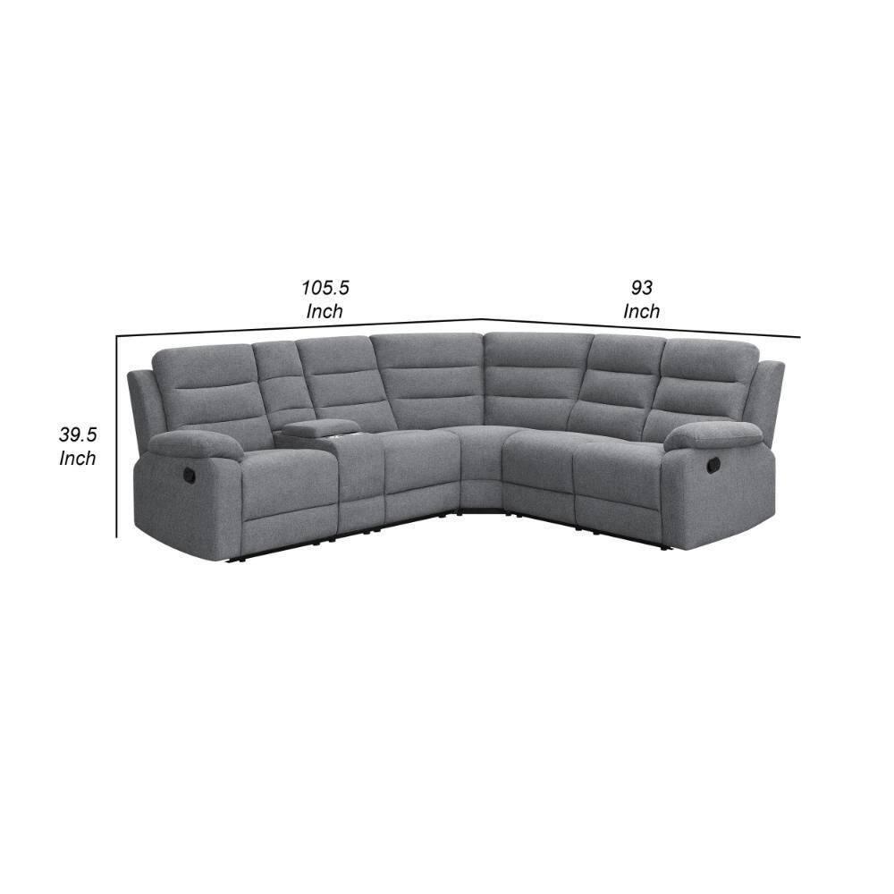Benjara 106 Inch 3 Piece Sectional Sofa Manual Recliner, Dual AC/USB, Smoke Gray-Color:Gray,Material:smoke linen