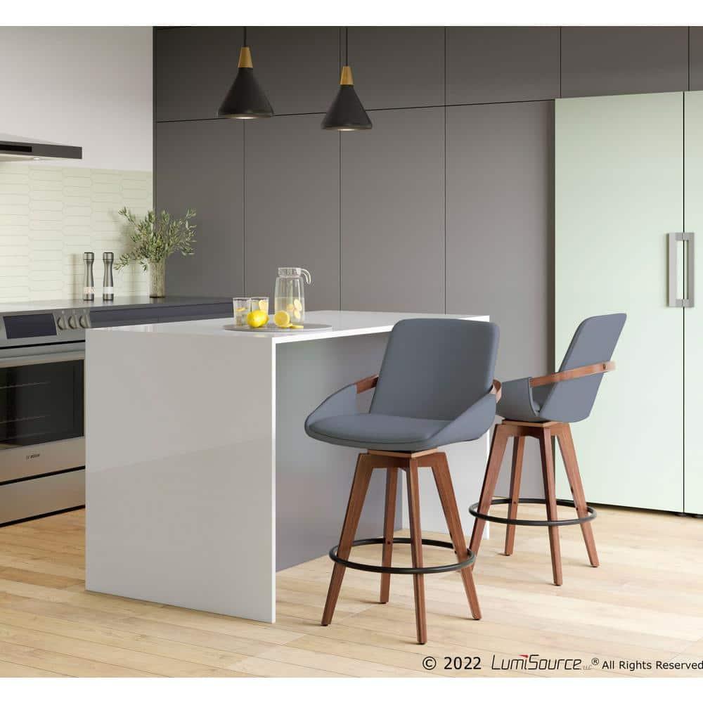 26" Cosmo Mid-Century Modern Counter Height Barstool Gray - LumiSource: Faux Leather, Walnut Wood Arms