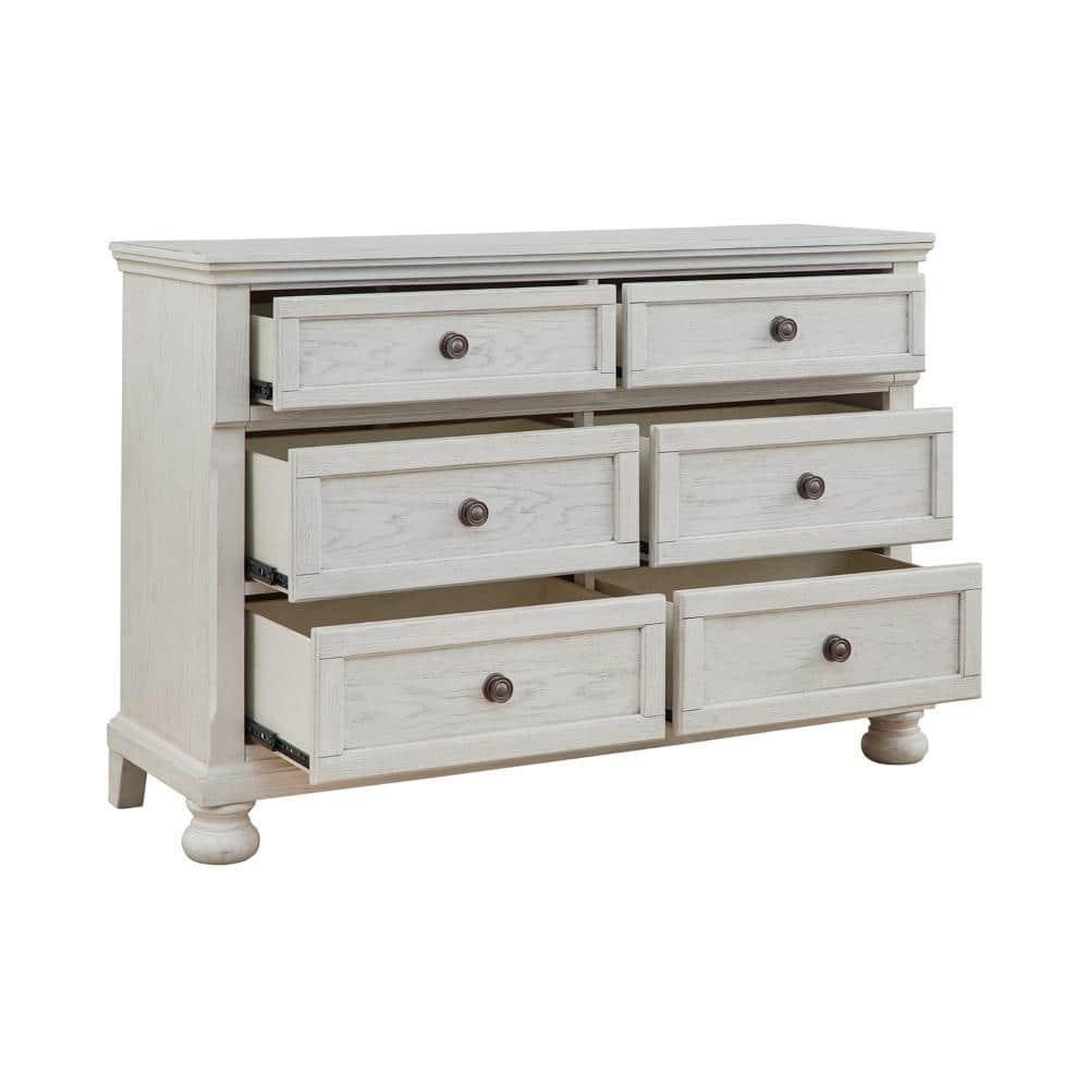 Lea 54 Inch Wide Dresser Chest, 6 Gliding Drawers, Wooden Bun Feet, White