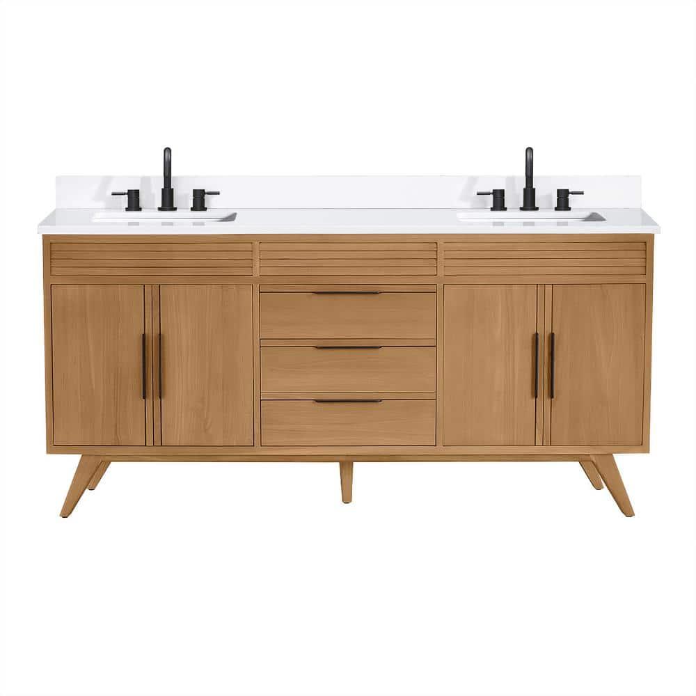 Hoult 72 in. Natural Teak Double Bathroom Vanity with Quartz Top