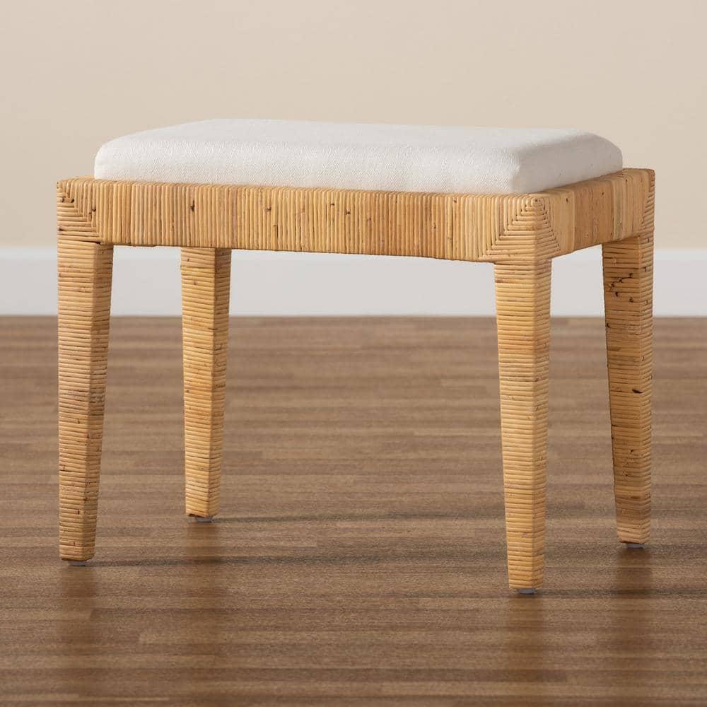 Sofia Rattan and Mahogany Wood Ottoman White/Natural Brown - Baxton Studio: Handmade, No Assembly Required