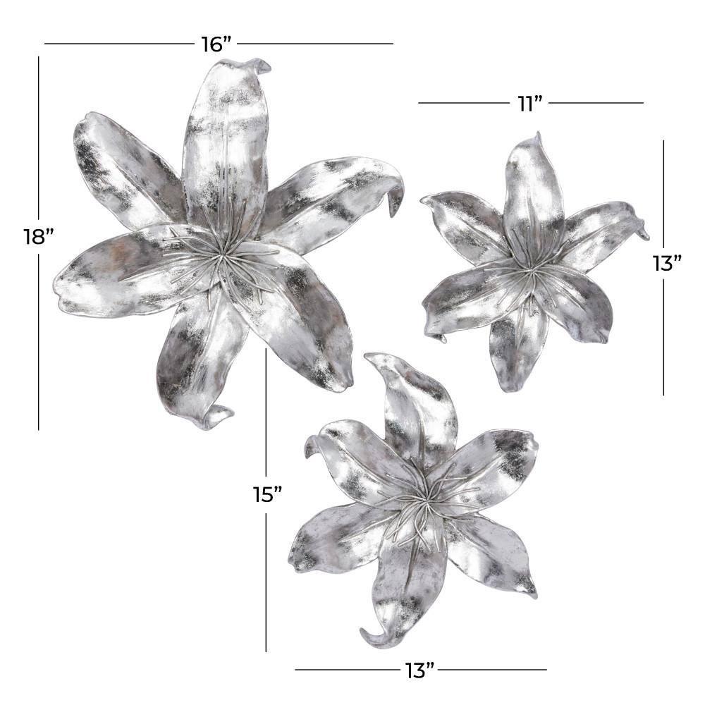 DecMode Silver Polystone 3D Floral Wall Decor (3 Count)