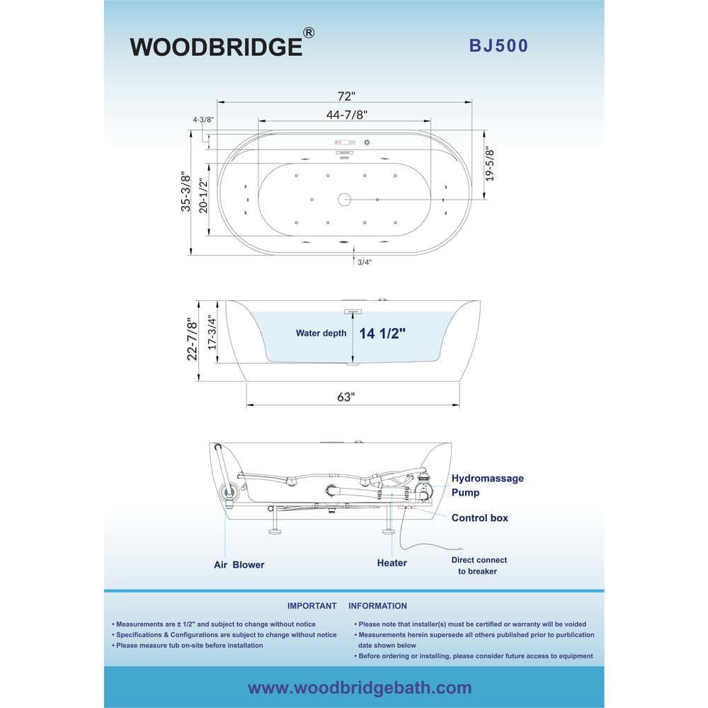 72" x 35-3/8" Whirlpool and Air Bath Heated Soaking Combination Tub with Wide Rim, LED Control Panel
