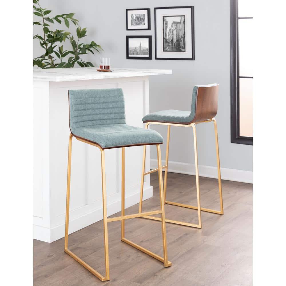 Set of 2 Mason Mara Barstools Gold/Walnut/Green - LumiSource: Fixed-Height, Tufted Seat, Metal Base
