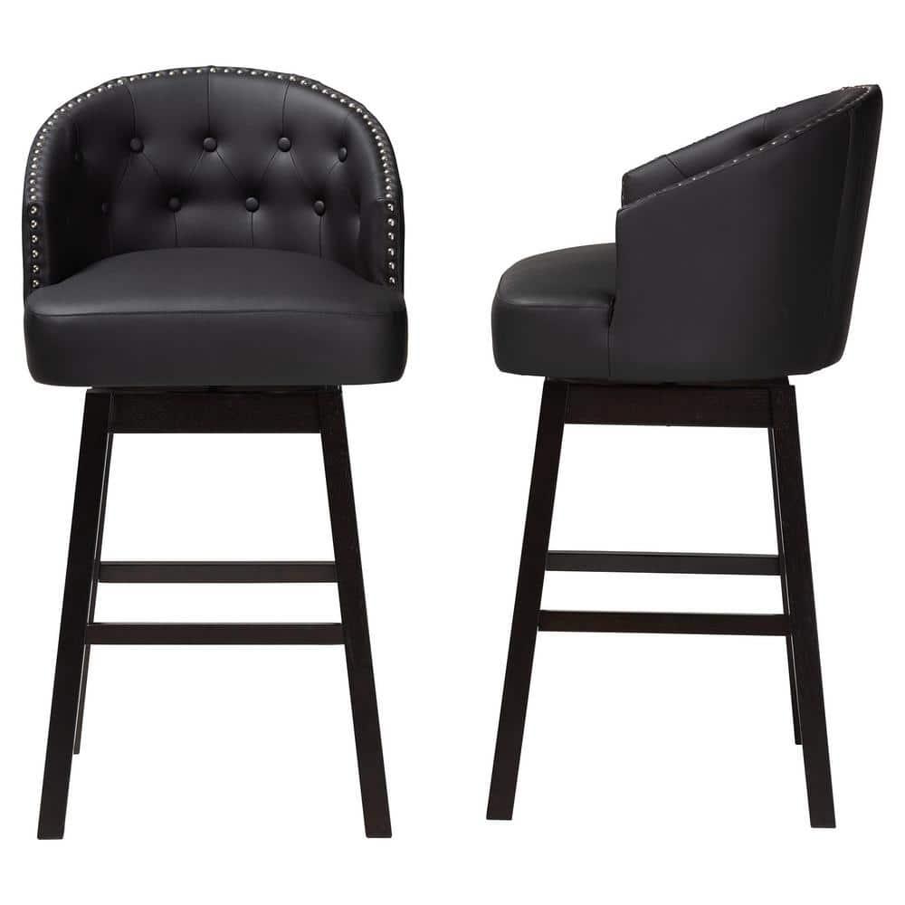 Baxton Studio Avril Modern and Contemporary Black Faux Leather Tufted Swivel Barstool with Nail heads Trim (Set of 2)