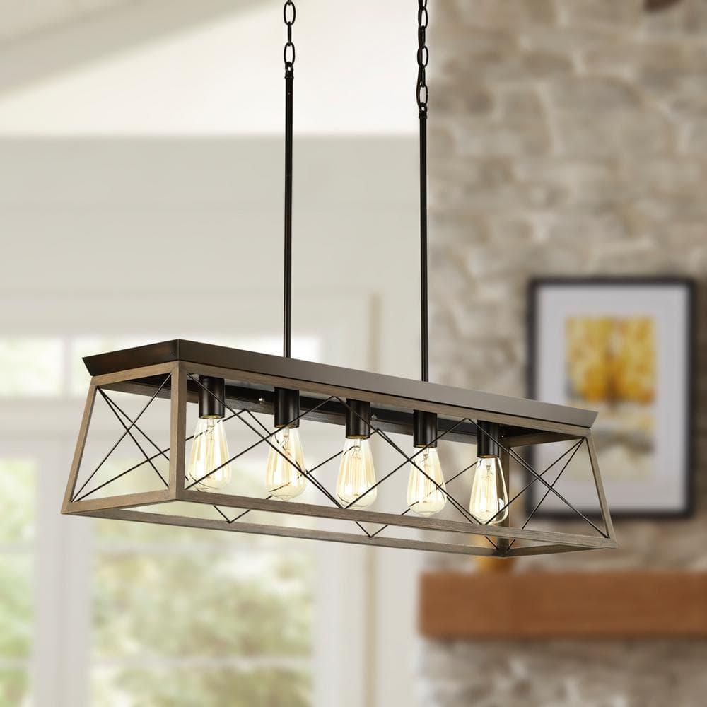 Progress Lighting Briarwood 5-Light Linear Chandelier, Antique Bronze, Faux-Painted Wood Enclosure