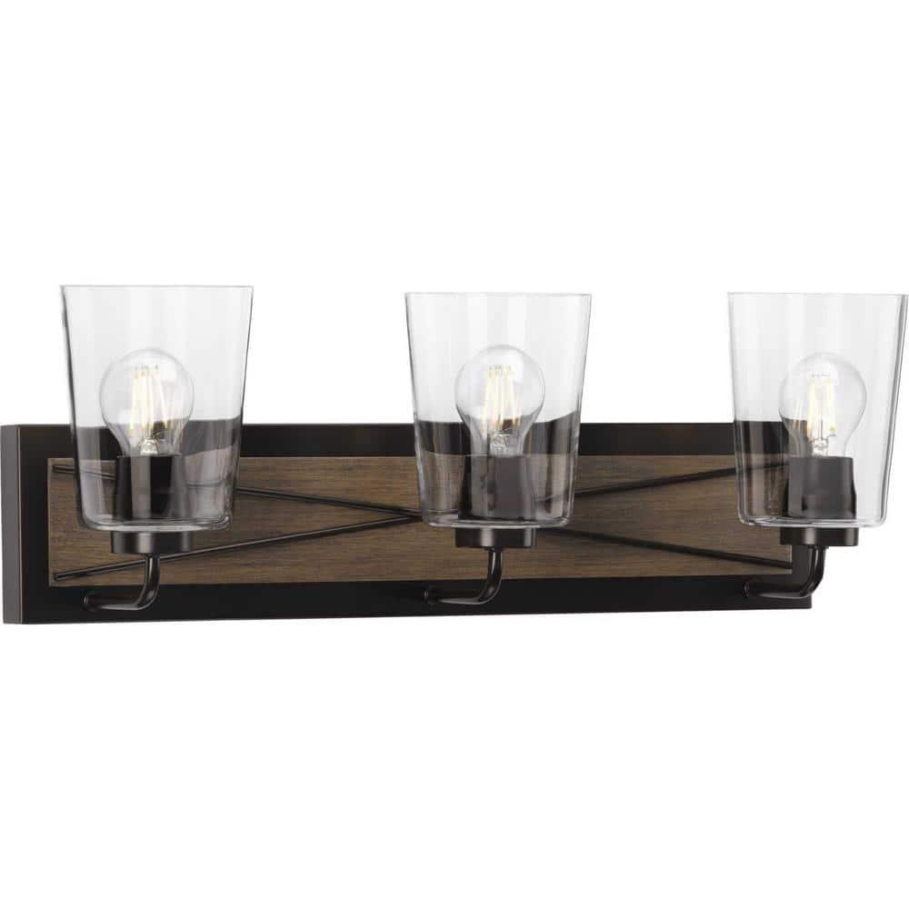 Progress Lighting Briarwood 3-Light Bath Vanity in Antique Bronze with Clear Glass Shades