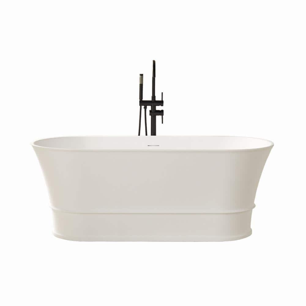 59" x 27.5" Freestanding Soaking Stone Resin Bathtub with Pure White Overflow and Pop Up Drain