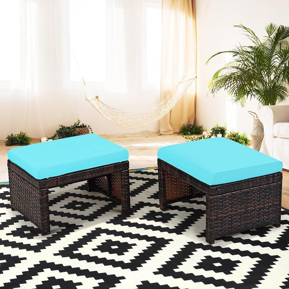 Tangkula 2 PCS Outdoor Wicker Ottoman Patio Rattan Furniture Metal Footrest Seat Square Footstool with Cushion Turquoise
