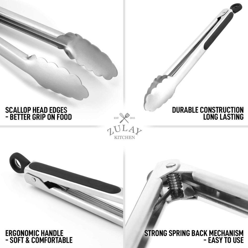 Zulay Kitchen Zulay Stainless Steel Tongs For Cooking - Scallop Head Edge Kitchen Tongs - Easy Grip BBQ Grill Tongs With Lock
