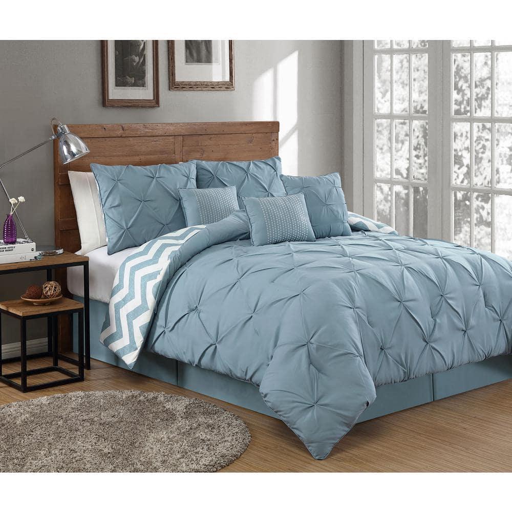 Avondale Manor 7-Piece Ella Comforter Bed Set - Reversible Ultra-Soft Pinch Pleat Spa Blue Bedding Comforter Set with 3 Decorative Pillows for King Bed, Hypoallergenic, 7 Pieces, King Spa Blue