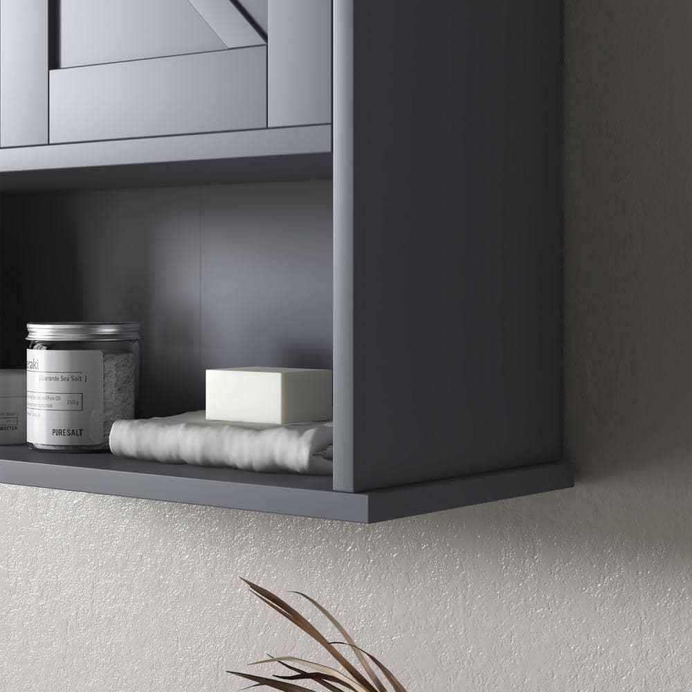 kleankin Bathroom Wall Cabinet, Farmhouse Medicine Cabinet with Open Shelf & Adjustable Shelf, Storage Cupboard for Laundry Room, Gray