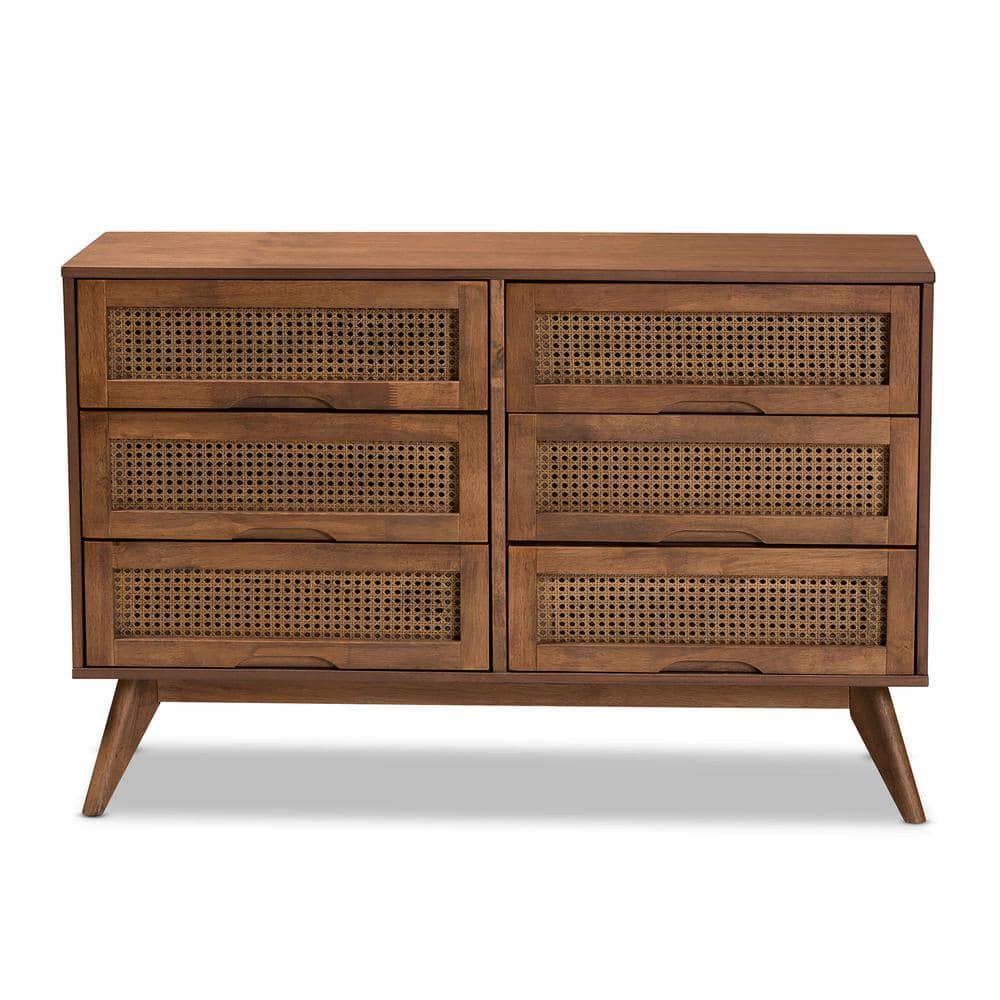 Barrett Wood & Synthetic Rattan Dresser: 6 Drawers, Angled Legs - Baxton Studio