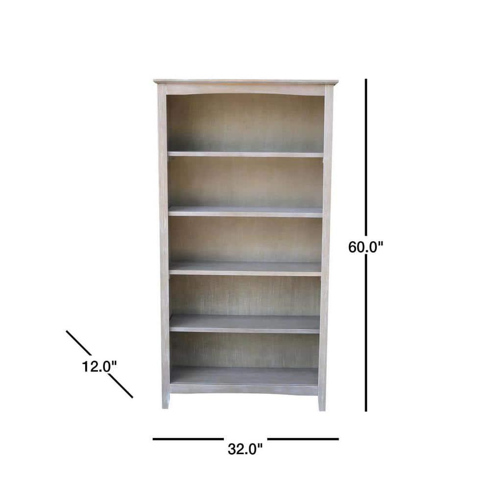 60" Shaker Bookcase Washed Gray/Taupe - International Concepts: Solid Wood, 4-Shelf Storage