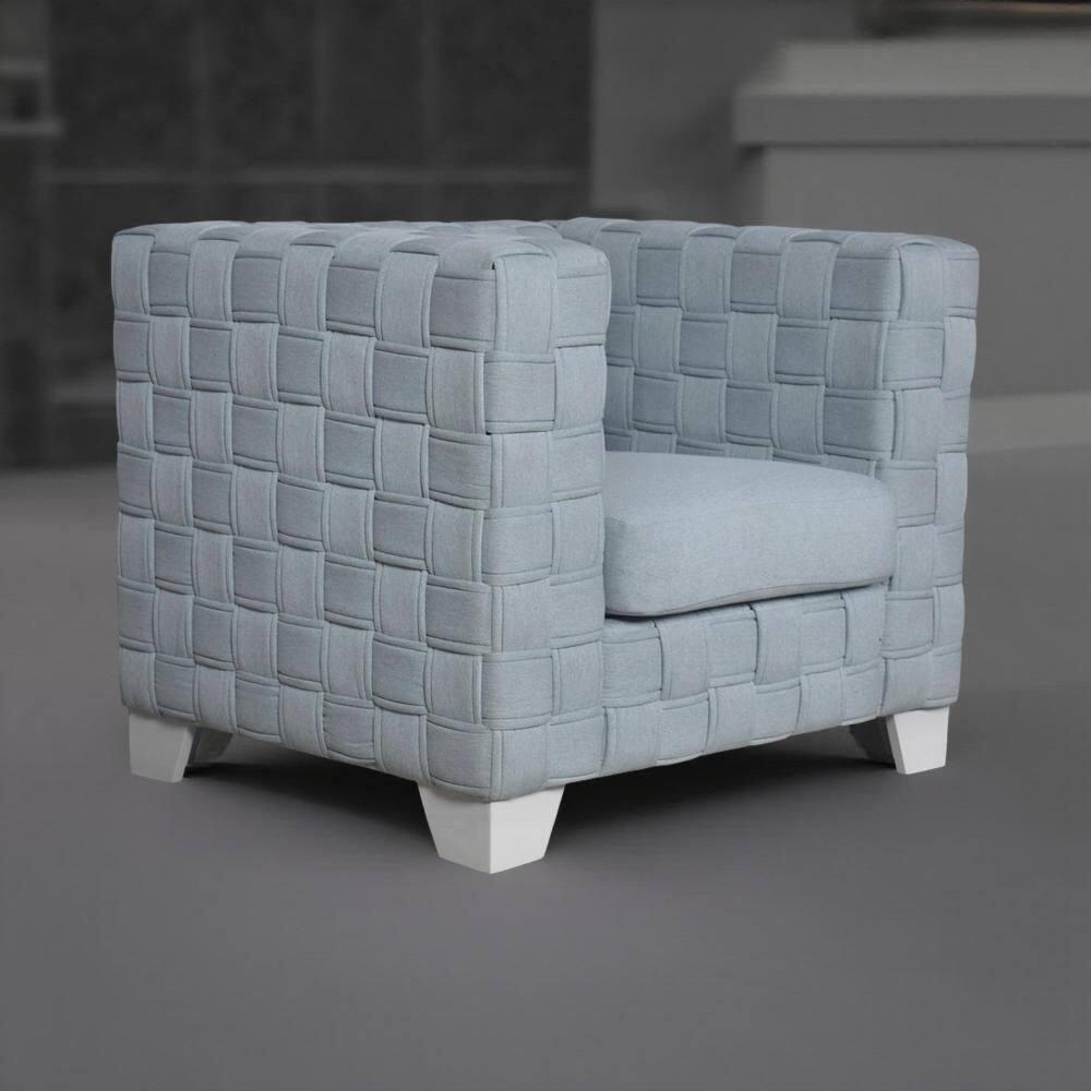 Benjara Reah Accent Chair, Knitted Light Blue Chenille, White Composite Wood