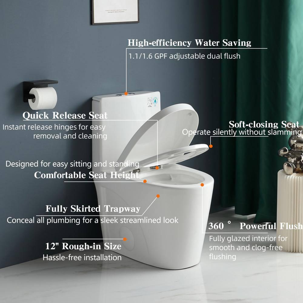 One-Piece Toilet, 1.1/1.60 GPF Water-Efficient Dual-Flush Elongated Comfort Height Floor Mounted, Standard-Size Toilet With Soft Closing Seat Included