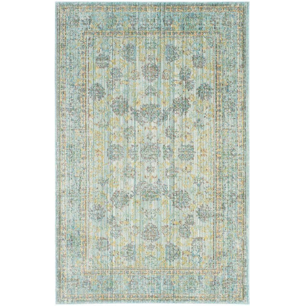 SAFAVIEH Valencia Cionadogh Floral Bordered Polyester Area Rug, Light Blue/Turquoise, 4' x 6'
