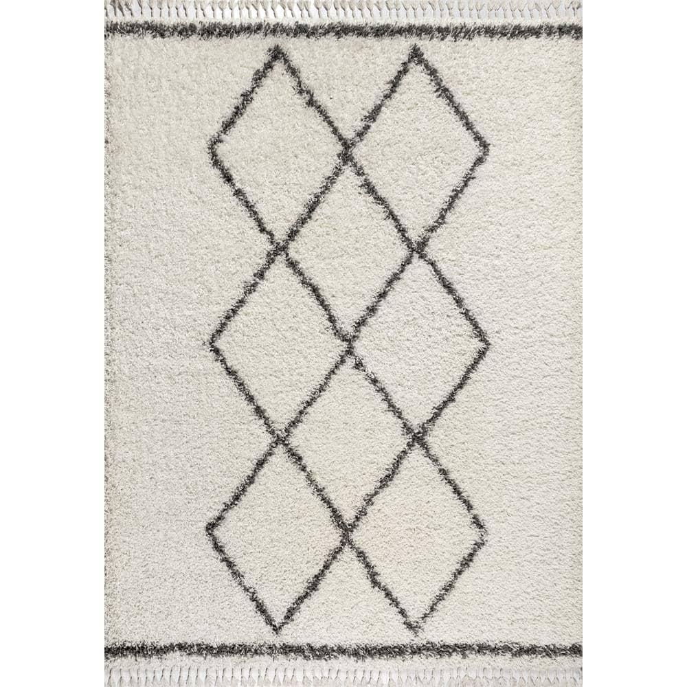 5'x8' Mercer Shag Plush Tassel Moroccan Geometric Trellis Area Rug, Cream/Grey - JONATHAN Y