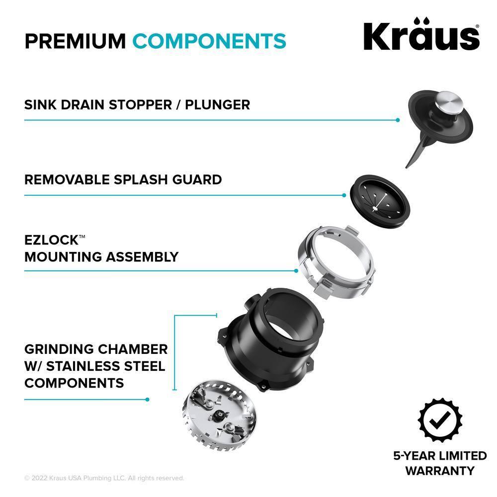Kraus 1/3 HP WasteGuard High-Speed Ultra-Quiet Motor Garbage Disposal with Quick Connect Mount