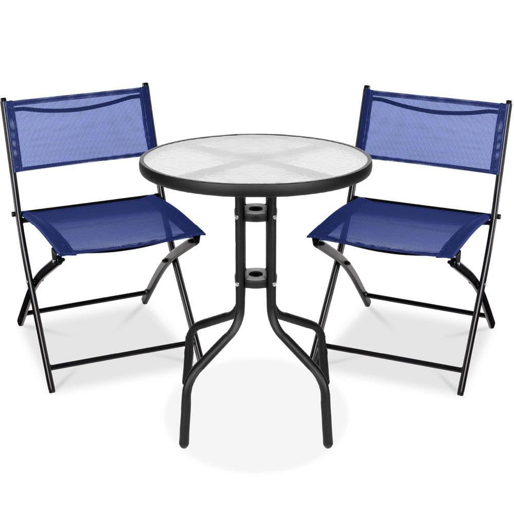 George Oliver 3-Piece Patio Bistro Dining Furniture Set W/ Glass Tabletop, Folding Chairs