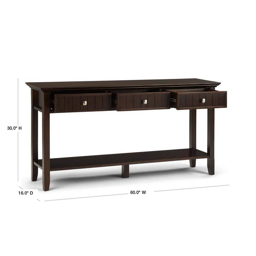 Simpli Home Acadian 60"W Solid Wood Wide Storage Console Table in Brunette Brown with Three Drawers and Open Shelf