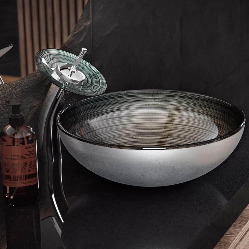 Swiss Madison Cascade 16.5 Glass Vessel Sink with Faucet, Smoky Grey